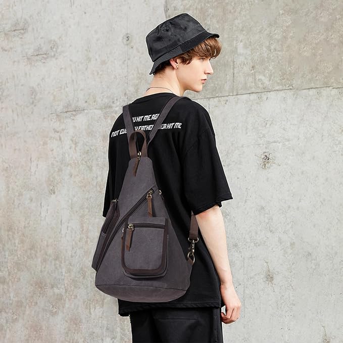 KL928 Canvas Sling Bag - Casual Crossbody Shoulder Daypack Rucksack Backpack for Men Women, Dark Grey