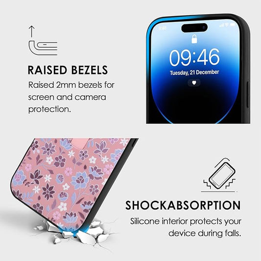 Compatible with iPhone 14 Pro Max Case with Finger Hand Strap Kickstand, Cute Flowers Floral Phone Case for Girls Women Men, Full Camera Protection Shockproof Protective Cover, Pink Flowers