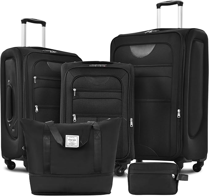 Merax Softside Luggage Set Softshell Lightweight 3 Piece Spinner Suitcase with Duffel Bag Expandable Upright Travel Luggage 22" 26" 30",Black