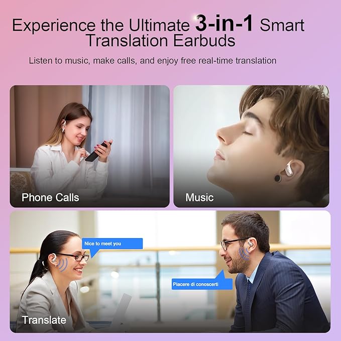 AI Translation Earbuds Real Time, 164 Language Translator Earbud 3-in-1 Bluetooth 5.4 Translator Earbuds with 6 Translation Modes, 75H Translators Headphones with APP for Travel Business, Rose Gold