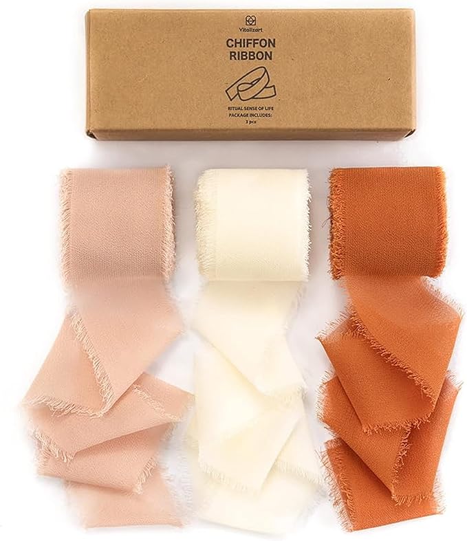 Vitalizart Fall Handmade Chiffon Silk Ribbon Fringe 1.5" x 21 Yd Terracotta Cream Frayed Edges Ribbons for Wedding Invitations Bridal Bouquets Gifts Wrapping Crafts Holiday Party Decorations