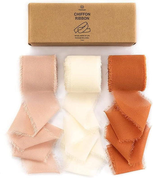 Vitalizart Fall Handmade Chiffon Silk Ribbon Fringe 1.5" x 21 Yd Terracotta Cream Frayed Edges Ribbons for Wedding Invitations Bridal Bouquets Gifts Wrapping Crafts Holiday Party Decorations