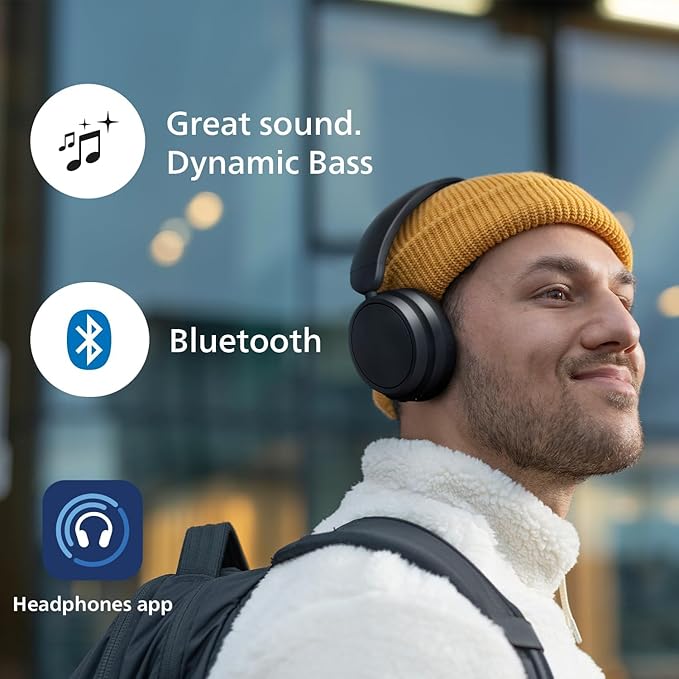 Philips H5209 Wireless Headphones,Over-Ear Bluetooth Headphones with Dynamic Bass,Clear Call, 65 H Battery Life,Fast Charging,Soft Ear Cups, Bluetooth 5.3, App Control, Lightweight,Black