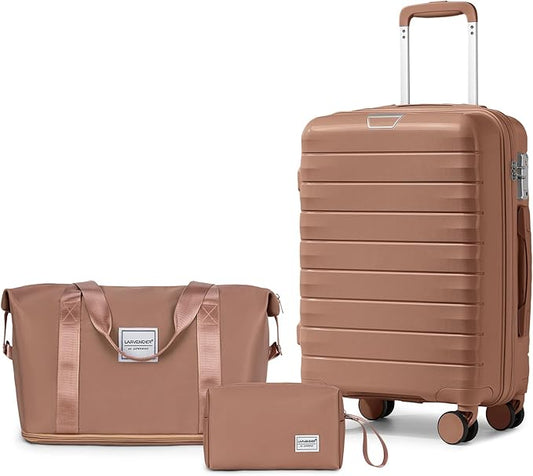 LARVENDER Luggage Sets 3 Piece, Hardside PP Carry On Suitcase with 360° Spinner Wheels TSA Lock Luggage Sets for Women, Mocha