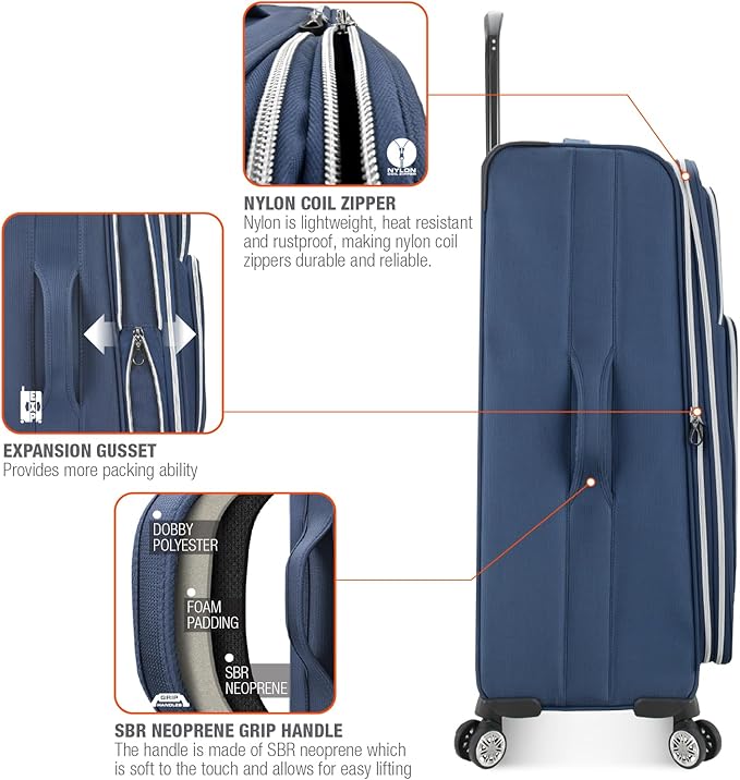 Traveler's Choice Lares Softside Expandable Luggage with Spinner Wheels, Navy, 3 Piece Luggage Set