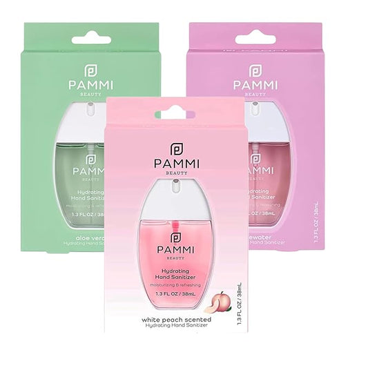 PAMMI Hand Sanitizer Spray Travel Size - Mini Scented Hand Sanitizer Spray Quicky Dry, Pocket Scented Hand Saniztier - 600-Sprays (3 Pack (Aloevera, Peach, Rose))