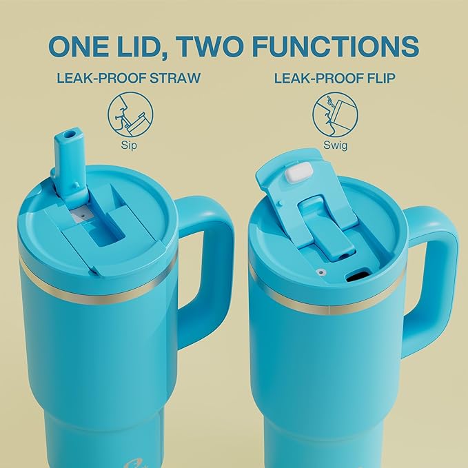 32 oz Tumbler with Handle and Straw: Stainless Steel Insulated Tumbler Keeps Cold for 24 Hours, Leakproof Travel Cup Fits in Cup Holder and BPA-Free, Azure Blue