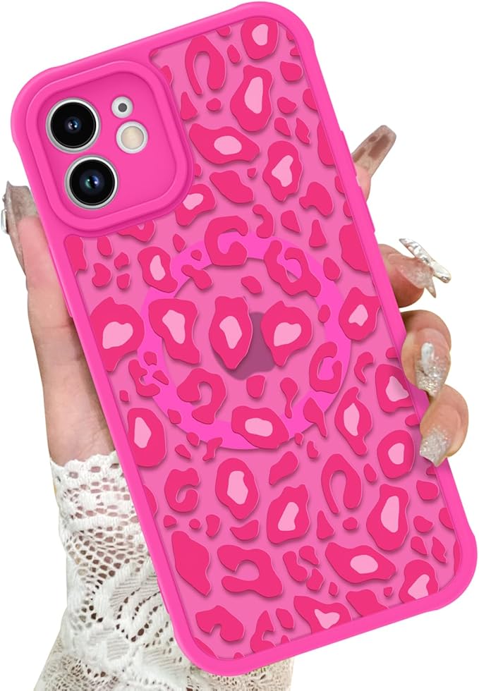 KANGHAR Case for iPhone 12 Hot Pink Leopard Printed Pattern Cute Cheetah [Compatible with Magsafe] Protective Magnetic Case for Girls Women 6.1"