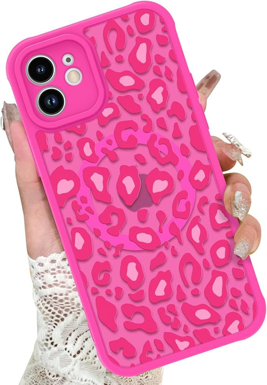 KANGHAR Case for iPhone 12 Hot Pink Leopard Printed Pattern Cute Cheetah [Compatible with Magsafe] Protective Magnetic Case for Girls Women 6.1"