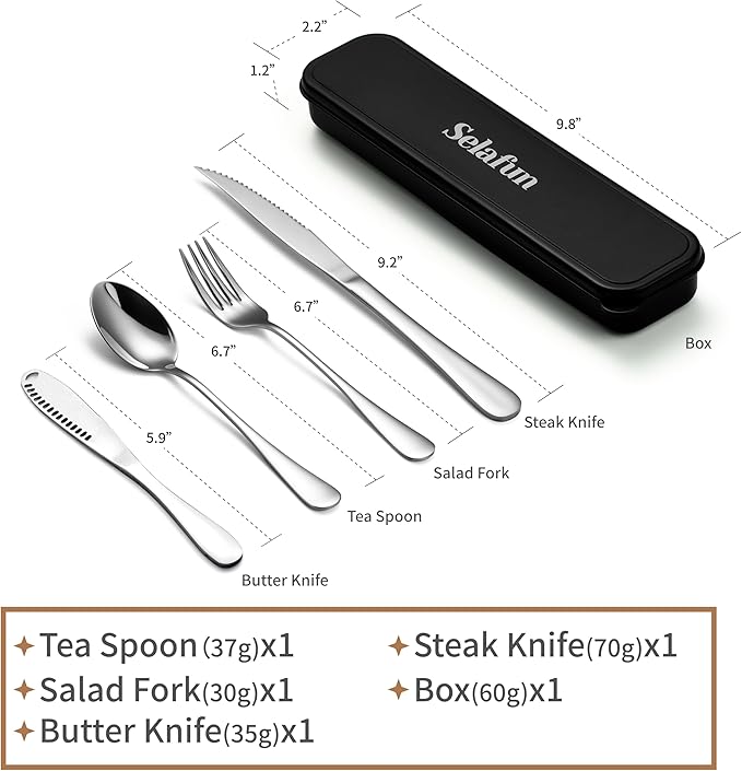 5-pieces Travel Set with Case Portable Silverware Utensils Set for work, Stainless Steel Reusable Flatware Set Cutlery Set for Camping Picnic Hiking Office (silver, 5.9)