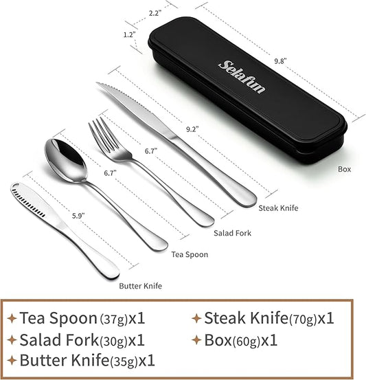 5-pieces Travel Set with Case Portable Silverware Utensils Set for work, Stainless Steel Reusable Flatware Set Cutlery Set for Camping Picnic Hiking Office (silver, 5.9)