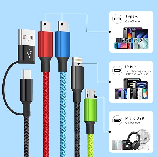 Travel 4 in 2 Multi Charging Cable with Dual Type-C, USB A/USB C Chargers for Multiple Devices, Multiple Charger Cord Compatible with Most Cell Phones/Tablets and More (1Pack, 5FT)