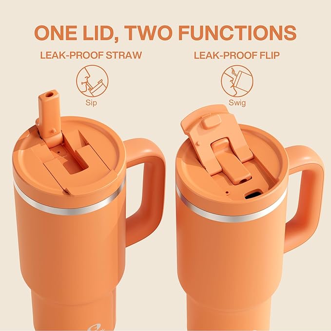 32 oz Tumbler with Handle and Straw: Stainless Steel Insulated Tumbler Keeps Cold for 24 Hours, Leakproof Travel Cup Fits in Cup Holder and BPA-Free, Moderate Orange