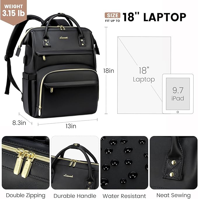LOVEVOOK Leather Laptop Backpack for Women 18 inch,Travel Backpack Purse Nurse Teacher Backpack Computer Laptop Bag,Professional College Business Work Bags Carry On Backpack with USB Port,Black