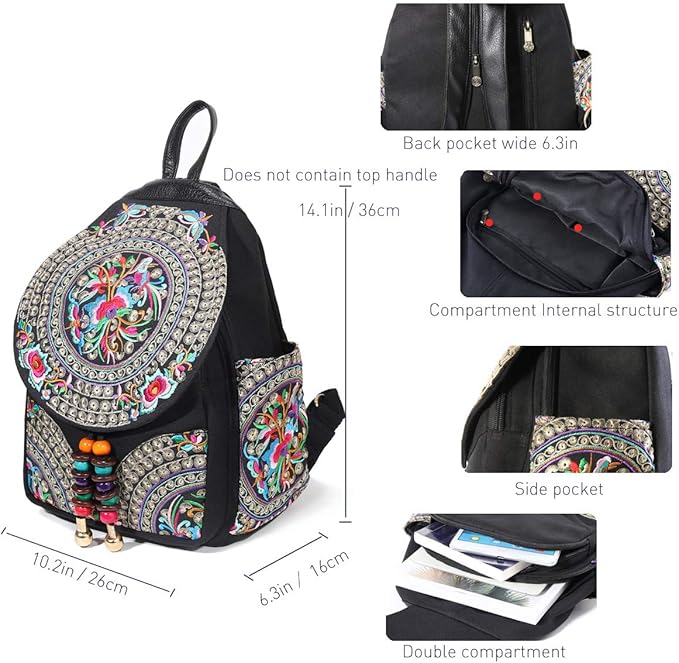 SILKAREA Vintage Embroidered Floral Ethnic Backpack Purse for Women Bohemian Handbag Shoulder Bag Travel Purse (Black S1)