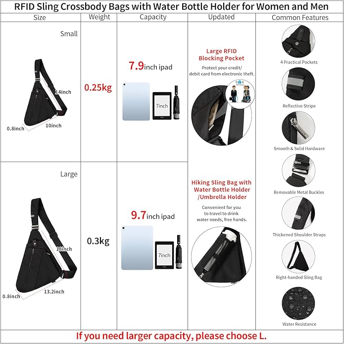 Sling Bag for Men,RFID Crossbody Hiking Backpack Chest Shoulder Tactical Bag with Water Bottle Bag for Travel