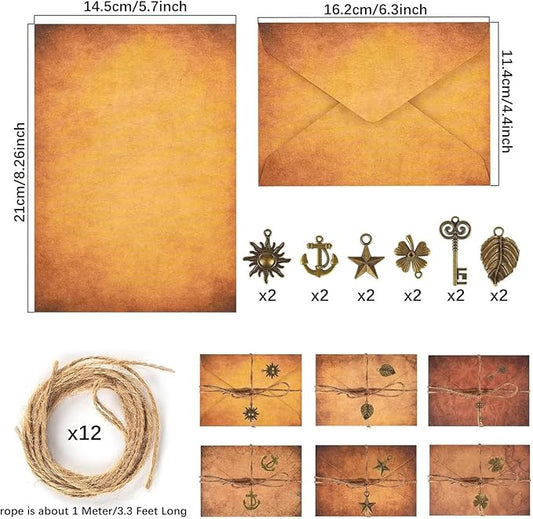 Vintage Stationery Paper and Envelopes Set,Writing Stationery Paper Letter and Envelopes including 24 Sheets Aged Antique Letter Paper, 12 Vintage Envelopes, 12 Rope & 12 Classic Key(60PCS, 6 Style)
