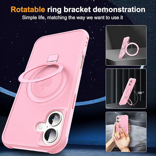 Compatible with iPhone 16 Case with Invisible Magnetic O-Ring Stand Military-Grade Translucent Case for iPhone 16 6.1" [Compatible with Mag-Safe][Great Grip Feeling], Pink