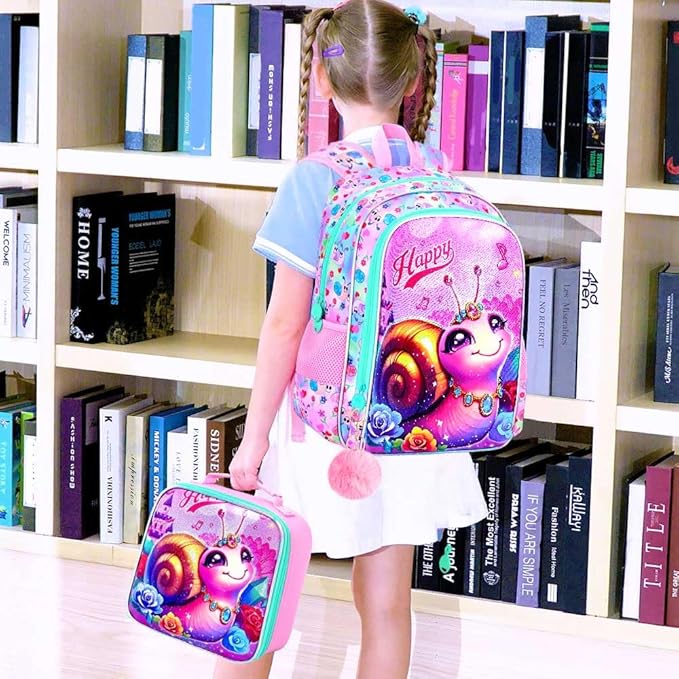 16" Backpack for Girls, 16" Kids Bookbag with Lunch Box，Snail School Backpacks for Elementary Preschool Kindergarten (Pink)