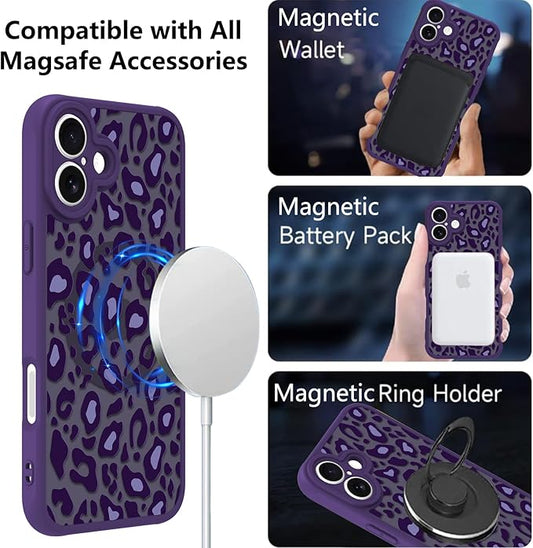 KANGHAR Case for iPhone 16 Purple Leopard Printed Pattern Cute Cheetah [Compatible with Magsafe] Protective Magnetic Case for Girls Women 6.1"