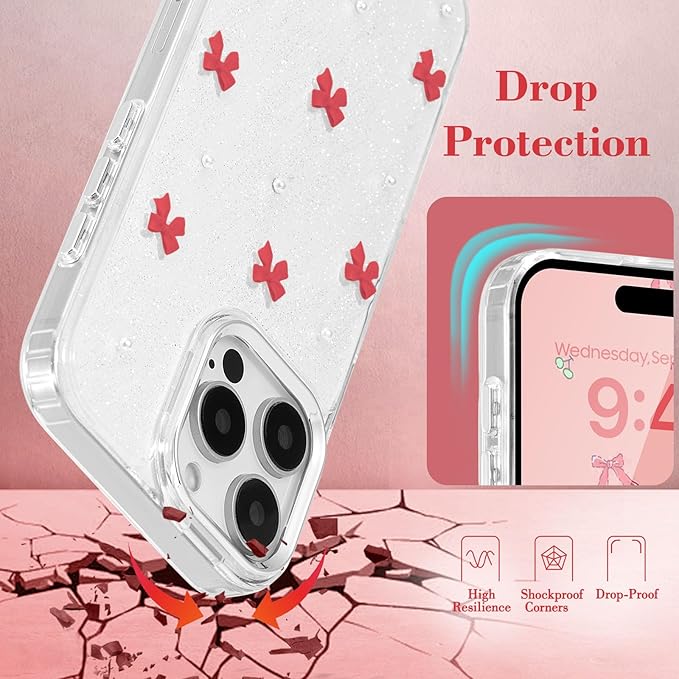 EYZUTAK Case for iPhone Air, Bling Glitter 3D Bowknot Phone Case Cute Sparkly Crystal Clear Bow Aesthetic Design Cover Slim Soft Durable TPU Transparent Protective Cover for Women Girl - Red Bow