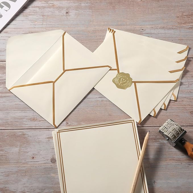 50 Pack Stationery Set with Gold Border, A6 Envelopes and 6x8 Paper Sheets and Stickers for Writing Letters (Cream Color, 6x8 Inches)