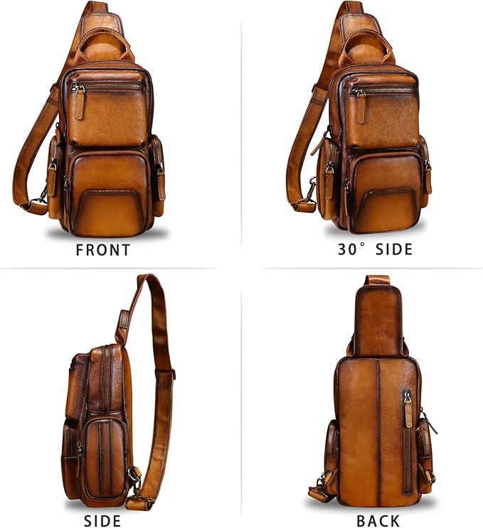 IVTG Genuine Leather Sling Bag Crossbody Casual Hiking Daypack Vintage Handmade Chest Bag Shoulder Backpack Motorcycle Pack (Brown)