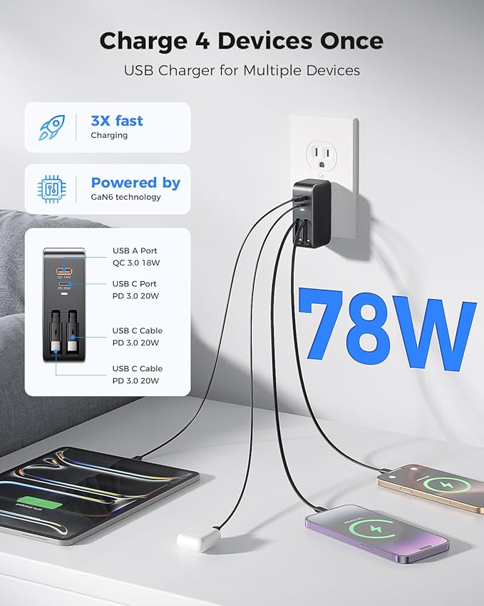 SUPERONE Retractable iPhone Charger, 4-Port USB C Charger Block (Dual Type-C Cables - Black)