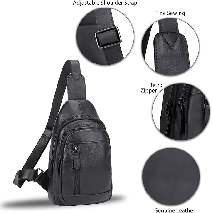 IVTG Genuine Leather Sling Bag Chest Shoulder Pack Crossbody Casual Daypack Vintage Handmade Hiking Backpack Motorcycle Bag (Darkgrey)