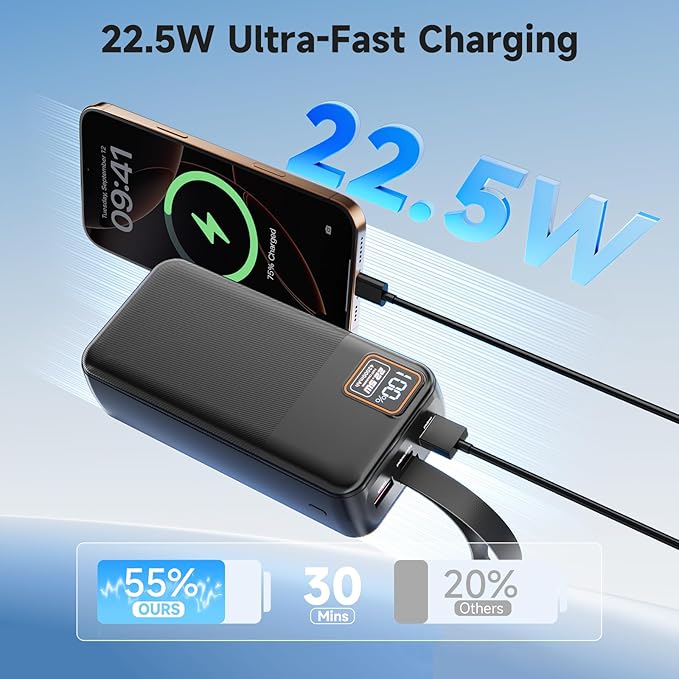 EnergyQC 42000mAh Portable Charger, 22.5W Power Bank with LED Flashlight - USB C Fast Charging External Battery Pack, LED Display Portable Phone Charger for iPhone 16/15/14/13, Android, Samsung,etc