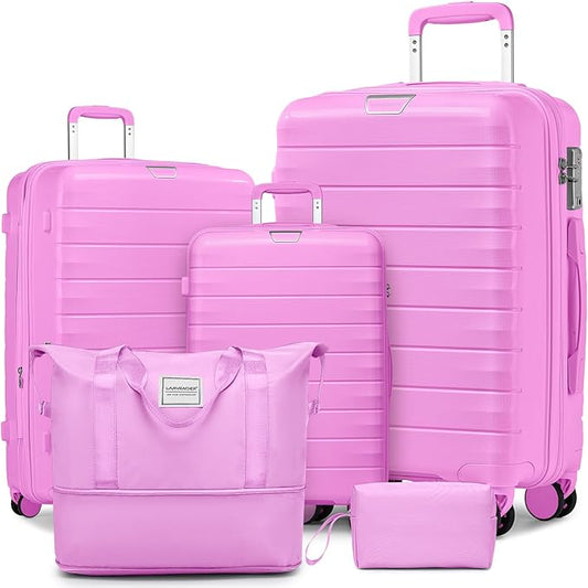 LARVENDER Luggage Sets 5 Piece with Duffel Bag Expandable(Only 28 inch) Hardside PP carry on luggage with 360° Spinner Wheels TSA Lock for Men Women, Neon Pink