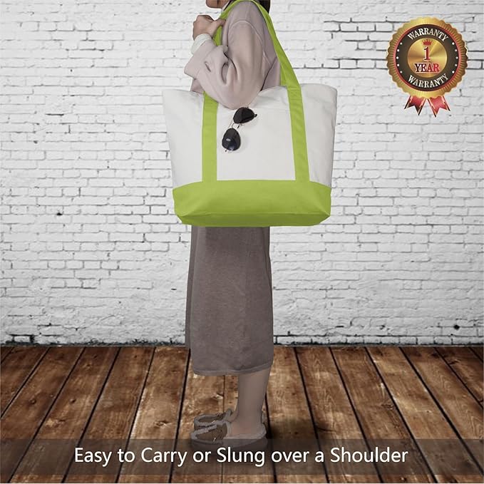 TOPDesign 3-Pack Canvas Tote Bags with an External Pocket, Reusable Grocery Shopping Bags, Top Zipper Closure, Daily Essentials (Light Green/Natural)