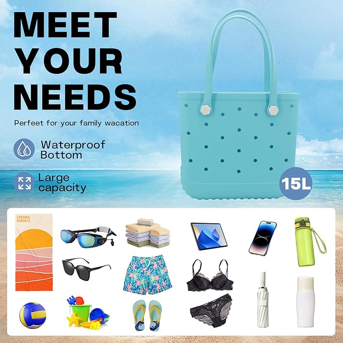 X-Large Waterproof Sandproof Rubber Beach Tote Bag with Zipper Pocket and Phone Kickstand Cup