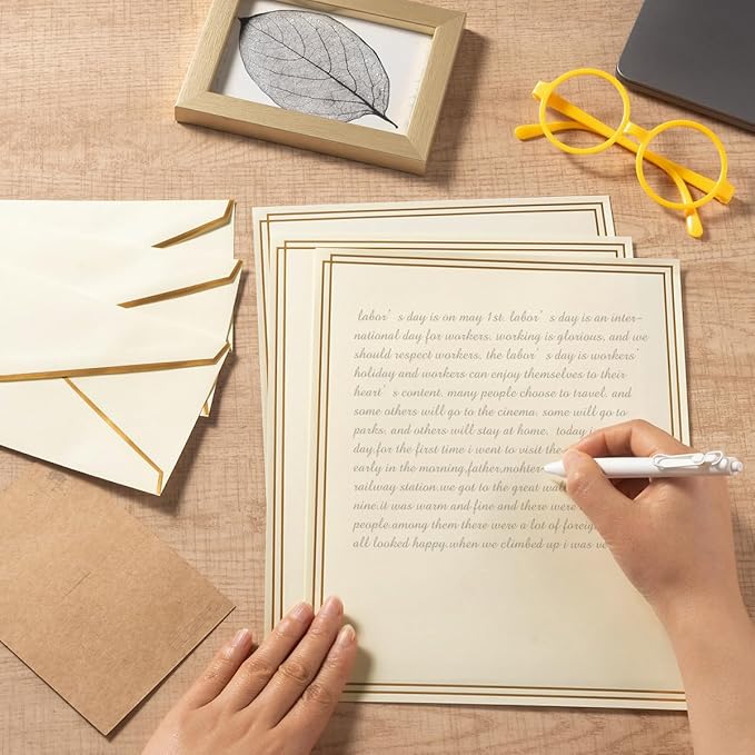 50 Pack Stationery Set with Gold Border, #10 Business Envelopes and 8.5x11 Paper Sheets and Stickers for Writing Letters (Cream Color, 8.5x11 Inches)