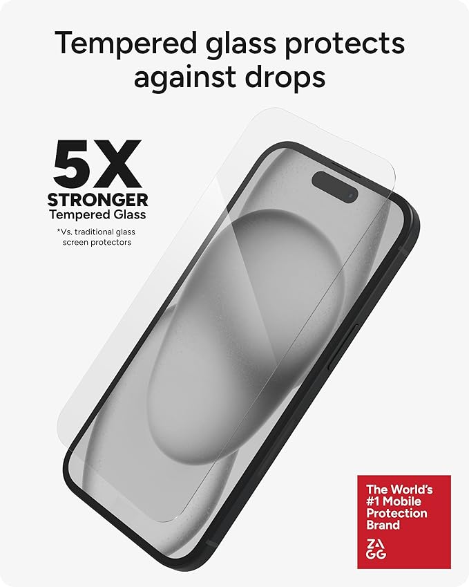 ZAGG Glass Elite iPhone 15 Screen Protector - 5X Stronger with Reinforced Edges, Scratch & Smudge-Resistant Surface, InvisibleShield, Easy to Install
