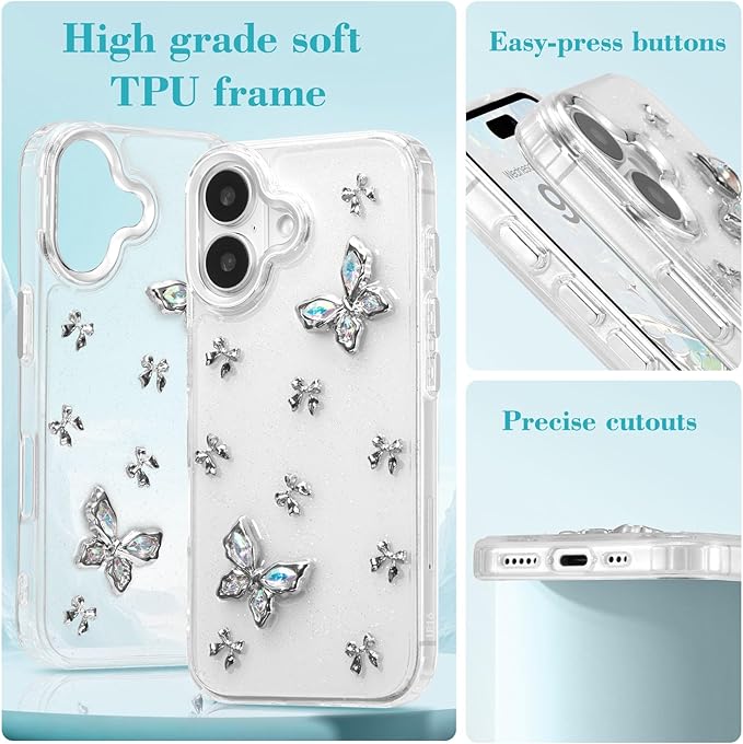 EYZUTAK Case for iPhone 17, Bling Glitter 3D Butterflies Bowknot Phone Case Cute Crystal Clear Bow Aesthetic Cover Slim Soft Durable TPU Transparent Protective Cover for Women Girls - Butterfly