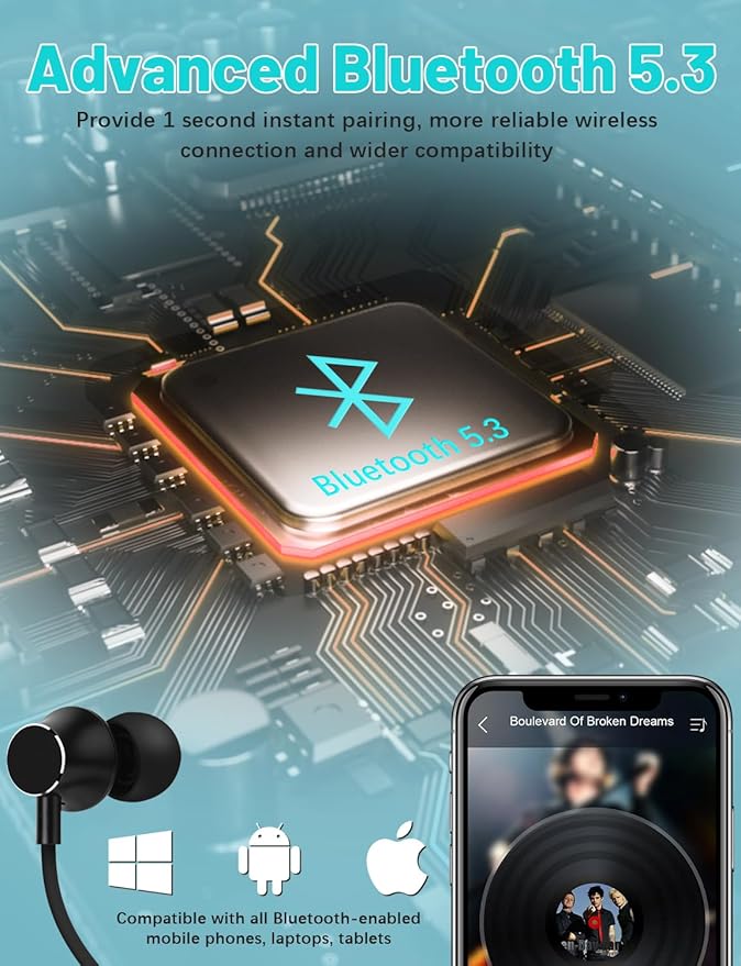 Neckband Bluetooth Headphones, 200H Long Playtime Wireless Stereo Neckband Earbuds with Microphone, Waterproof Around The Neck Headphones in Ear Headset for Sports/Workout/Office (Dark Blue)