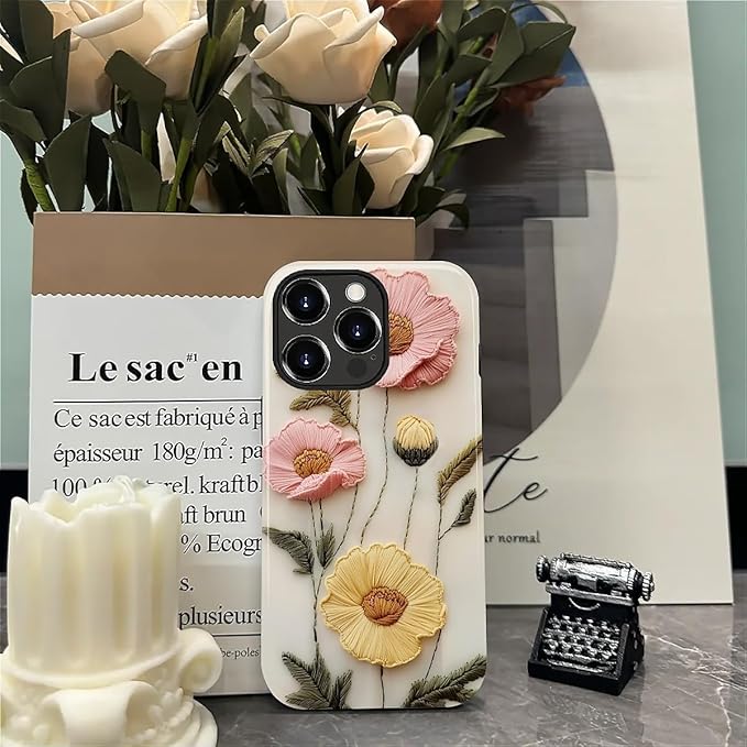 Case for iPhone 13 Pro Case,Faux Embroidery Boho Floral Design - Hybrid Dual Protection Silicone + Hard PC Shockproof Full Body Cover Slim Anti-Scratch Protective Case for Men Women