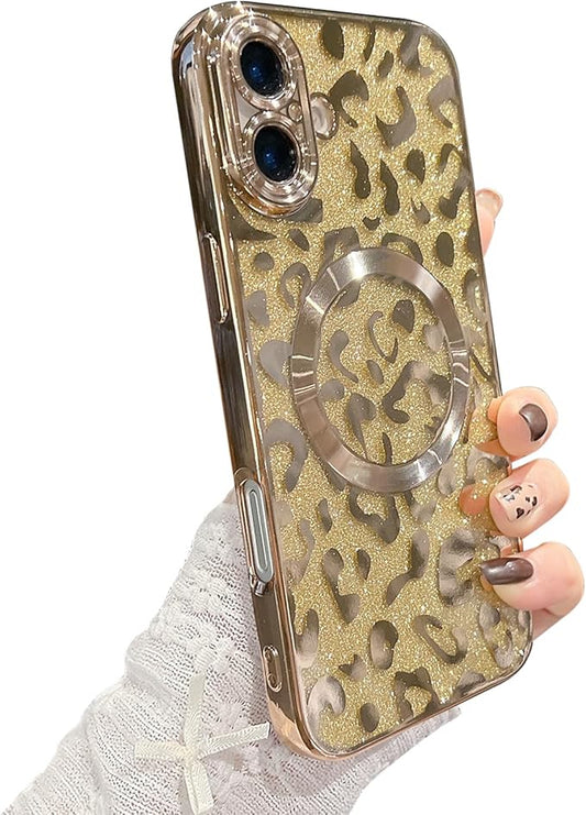 for iPhone 16 Case Magnetic,Soft Cute Luxury Leopard Cheetah Pattern Plating Glitter Bling Phone Case Compatible with MagSafe Clear Shockproof Back Cover for Women Girl 6.1"-Gold