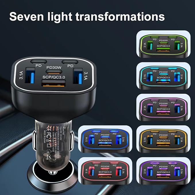 6 in 1 Multi Port USB C Car Charger Adapter PD 30W 6 Ports Super Fast Charging Cigarette Lighter Adapter 2 USB-C for MacBook iPhone 16/15/14/13/12 Galaxy Android Phones