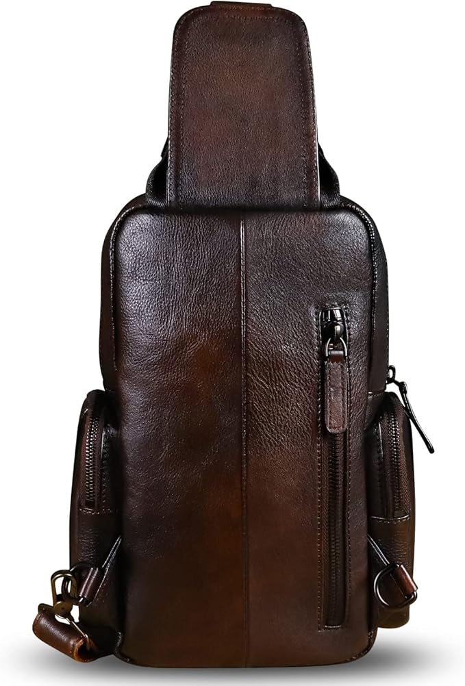 IVTG Genuine Leather Sling Bag Crossbody Casual Hiking Daypack Vintage Handmade Chest Bag Shoulder Backpack Motorcycle Pack (Coffee)