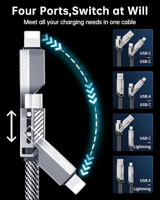 SHEZI [Upgraded 2.0] 4-in-1 USB C Cable 60W 5FT Compatible with Lightning Cable [Fast Charging & Data Transfer] Flat Braided Multi Charger Cord Combo with L/USB C/A Port for iPhone/iPad & All Devices