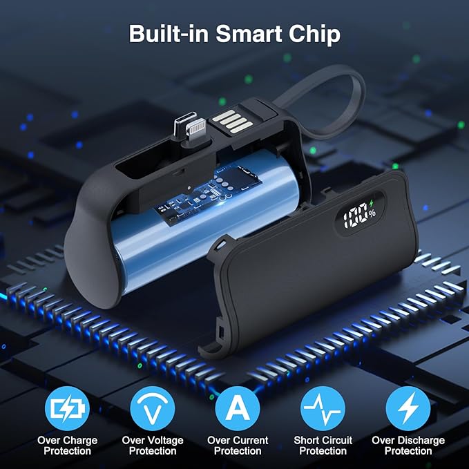 Mini Power Bank Portable Charger with Built-in Lightning&USB-C Connector, Compact Battery Pack Travel Portable Phone Charger Compatible with iPhone 16/16 Pro Max/15/14/13/12/11/XR Android Phones etc