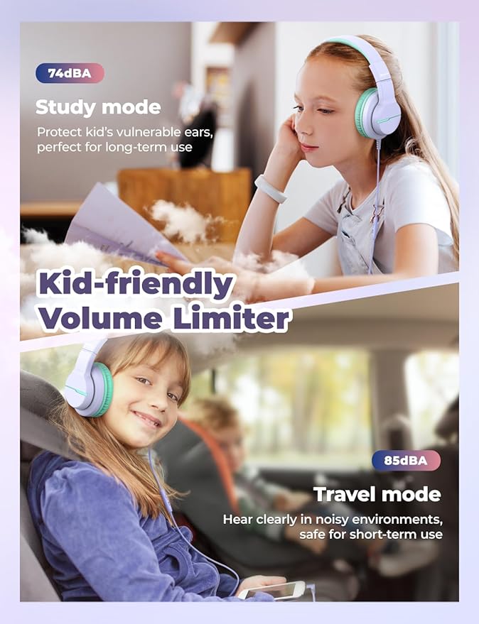 iClever HS19 Kids Headphones for School with Microphone, Safe Volume Limiter 74/85dBA, Over-Ear Girls Boys Headphones for Kids with FunShare Foldable Wired for iPad/Travel (Purple)