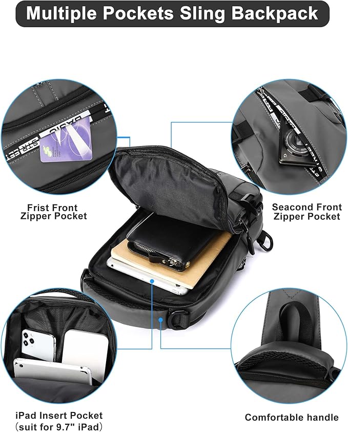 Grey Sling Crossbody Backpack Shoulder Messenger Bag for Men, Mini Anti Theft One Strap Motorcycle Backpack Sling Tactical Chest Bag for Hiking Walking Biking Travel Cycling