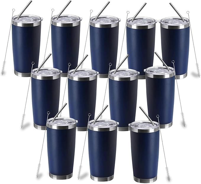 20oz insulted tumblers stainless steel cup Tumbler Bulk with push Lid, and metal straw powder coated coffee cup for cold and hot drinking (12, navy blue)