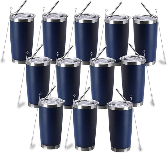 20oz insulted tumblers stainless steel cup Tumbler Bulk with push Lid, and metal straw powder coated coffee cup for cold and hot drinking (12, navy blue)