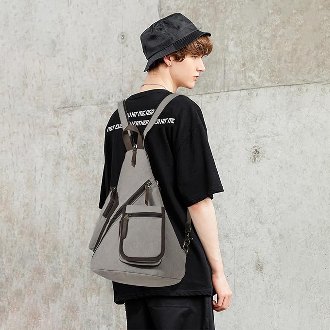 KL928 Canvas Sling Bag - Casual Crossbody Shoulder Daypack Rucksack Backpack for Men Women, Leaden
