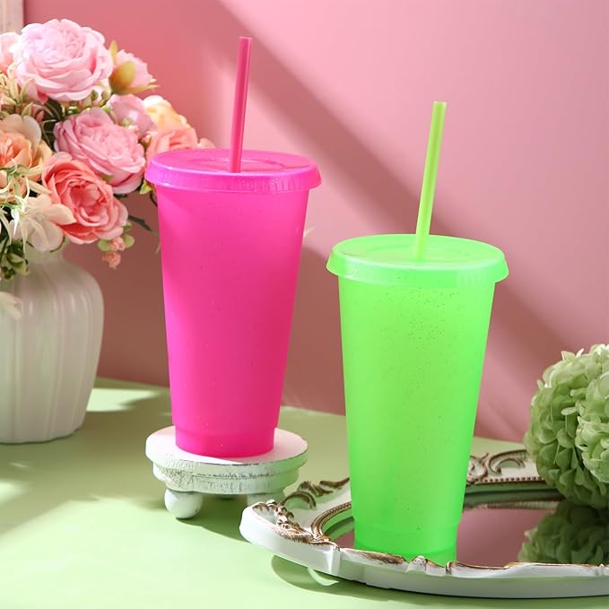 Honeydak 30 Pack Tumbler with Straw and Lid Bulk Glitter Plastic Cups Water Bottle Iced Coffee Travel Mug Reusable Party Favor Cups for Birthdays travel 24-27 oz (Pink and Green)