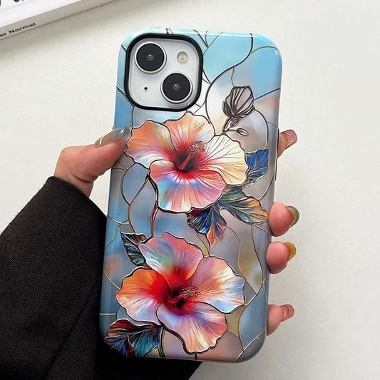 QLTYPRI Flower Case for iPhone 13/14, Aesthetic Cute Floral Phone Case for Girls Women, Protective Hybrid 2-Layer Hard Shell Silicone Cover Durable Shockproof Phone Cover - Vibrant Hibiscus